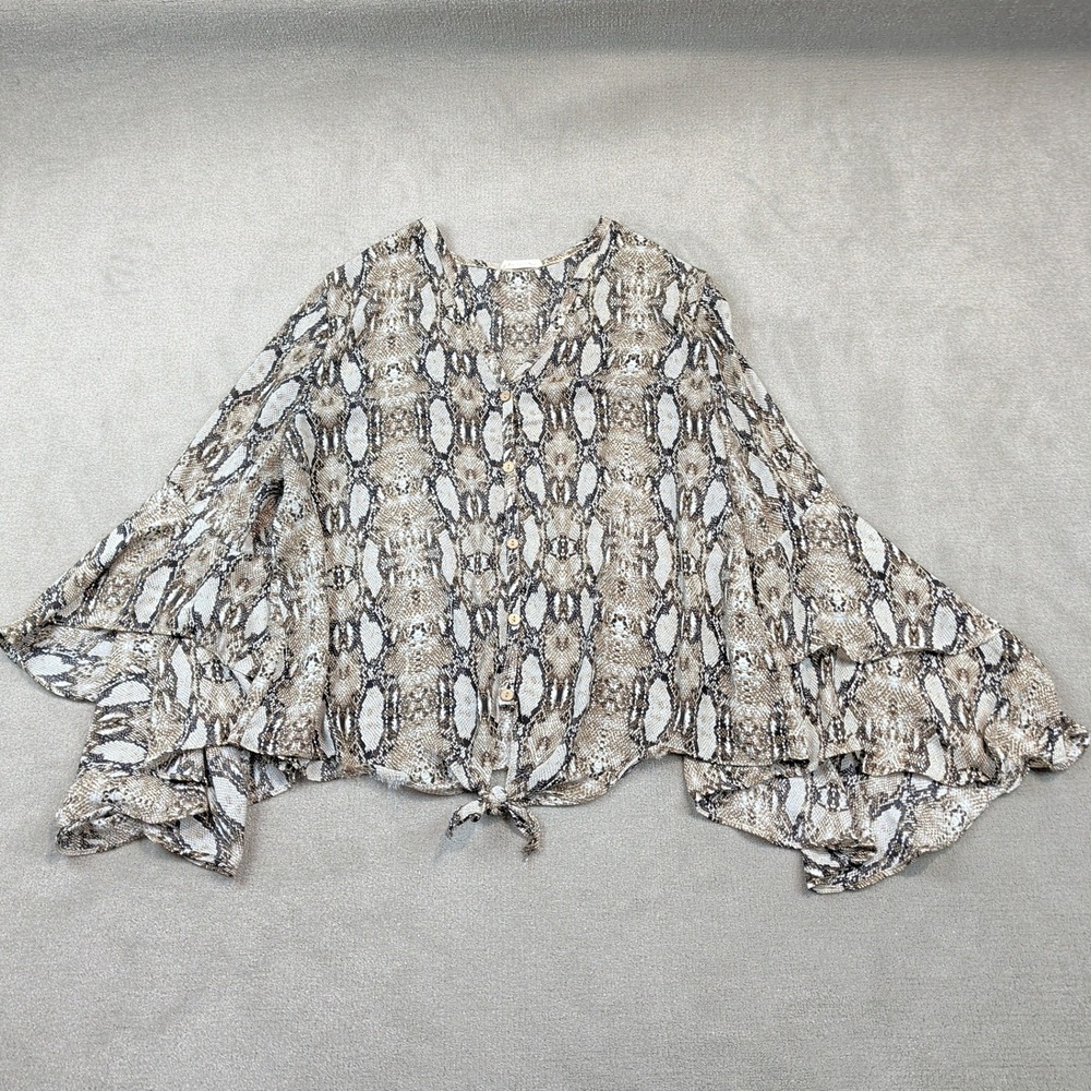 Hummingbird XL Womens Snake Print Tie Front Ruffle Bell Sleeve Blouse Tan Black